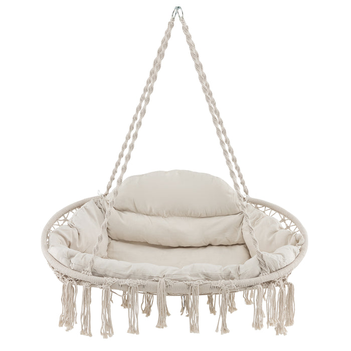Hand-Woven Rope Chair - Beige Hanging Seat with Thick Cushion and Foldable Metal Frame - Ideal for Indoor and Outdoor Relaxation