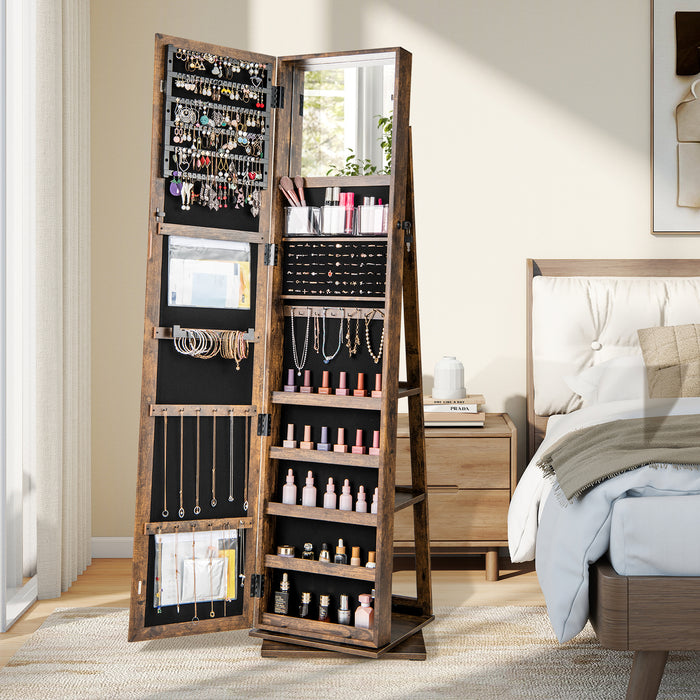 360° Swivel Jewelry Armoire with Full Length Mirror and Back Shelves-