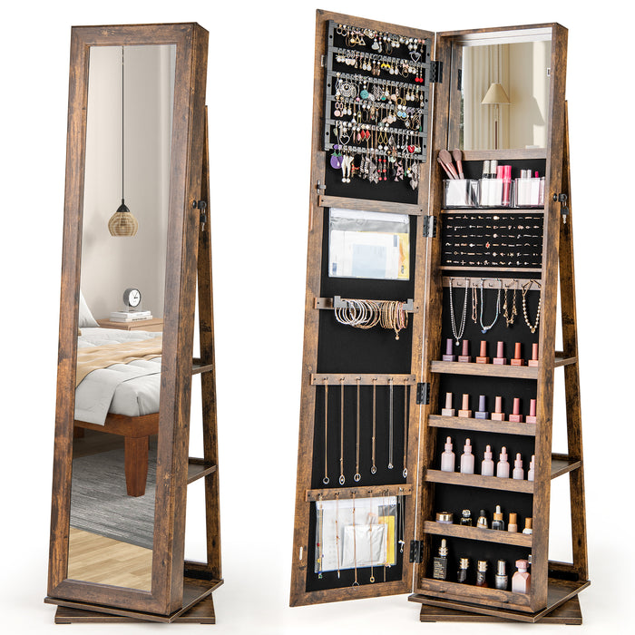 360° Swivel Jewelry Armoire with Full Length Mirror and Back Shelves-