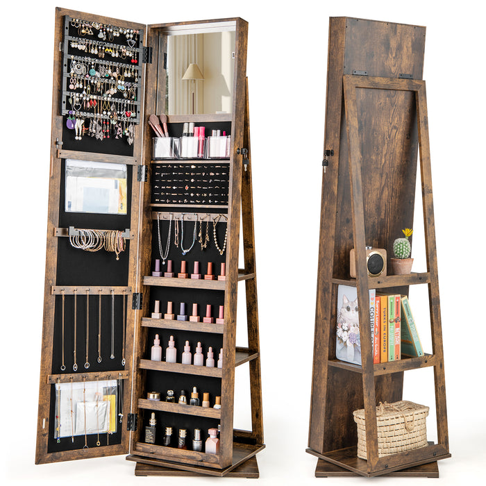 360° Swivel Jewelry Armoire with Full Length Mirror and Back Shelves-