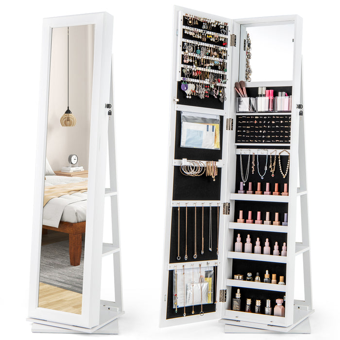 360° Swivel Jewelry Armoire with Full Length Mirror and Back Shelves-