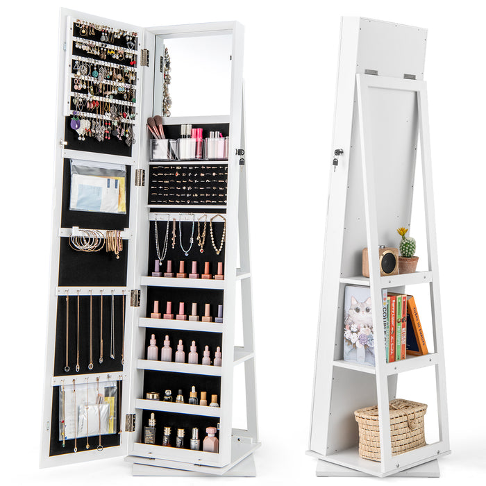 360° Swivel Jewelry Armoire with Full Length Mirror and Back Shelves-