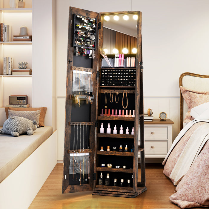 360° Swivel Jewelry Cabinet Freestanding Jewelry Storage Organizer with Lighted Full Length Mirror-