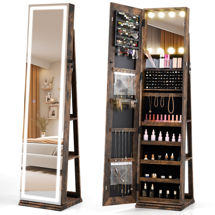 360° Swivel Jewelry Cabinet Freestanding Jewelry Storage Organizer with Lighted Full Length Mirror-