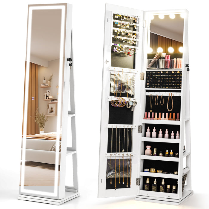 360° Swivel Jewelry Cabinet Freestanding Jewelry Storage Organizer with Lighted Full Length Mirror-