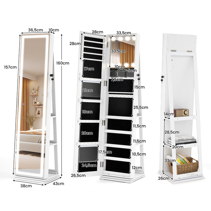 360° Swivel Jewelry Cabinet Freestanding Jewelry Storage Organizer with Lighted Full Length Mirror-