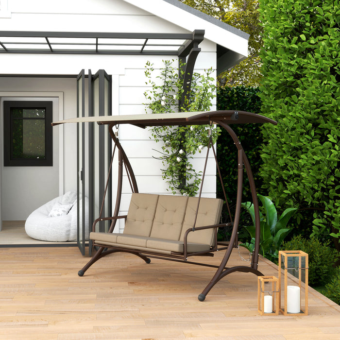 Outsunny 3 Seater Garden Swing Seat Bed, Convertible Swing Chair Bench with UPF30+ Adjustable Canopy, Cushioned Seat and Weather Resistant Steel Frame, Khaki