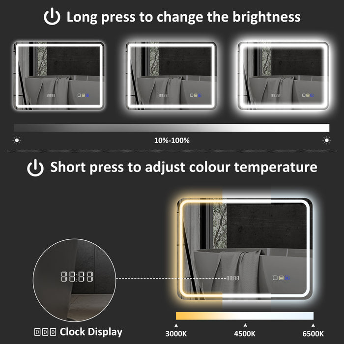 HOMCOM 60 x 80 cm Bluetooth LED Bathroom Mirror with Clock Anti-Fog - Silver Tone