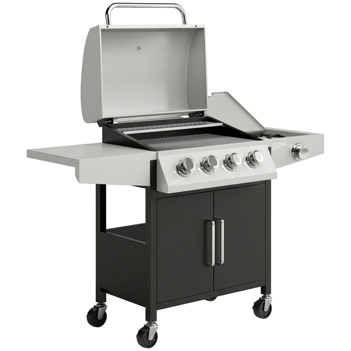 Outsunny 4+1 Burner Gas BBQ Grill with Side Burner, 14.5 kW Steel Portable Gas Barbecue Grill with Built-in Thermometer, Lid