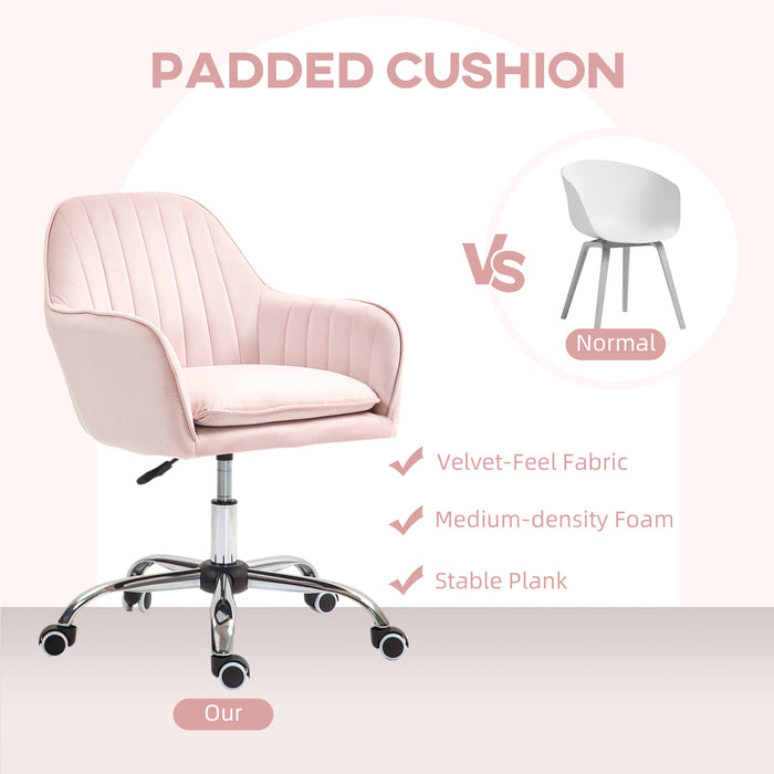 HOMCOM Velvet-Feel Tub Office Chair, with Seat Cushion - Pink