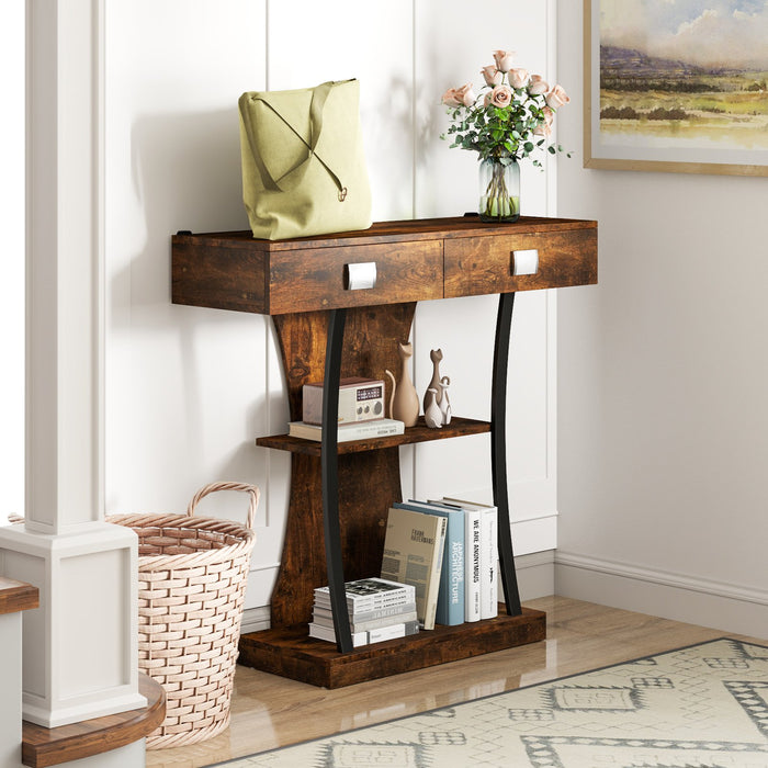 T-Shaped Foyer Console Table for Small Space with Dual Drawers-