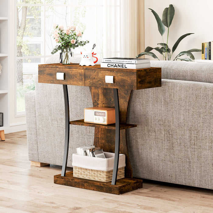 T-Shaped Foyer Console Table for Small Space with Dual Drawers-