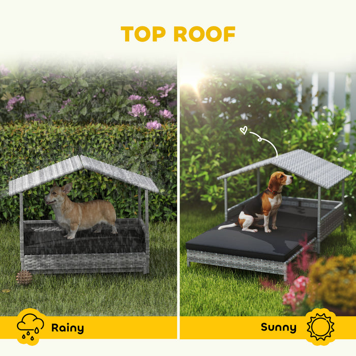 PawHut Extendable Elevated Dog Bed, Rattan Dog House, with Water-Resistant Roof, Removable Cushion, Charcoal Grey