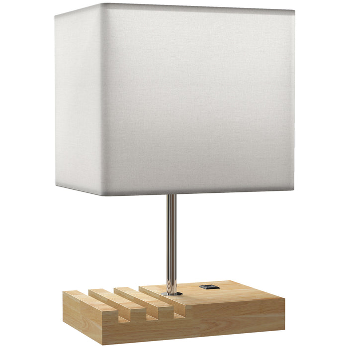 HOMCOM Bedside Lamp with USB A+C Charging Ports and 3 Phone Stands, Modern Table Lamp with Solid Wood Base and Fabric Shade for Bedroom Living Room Office, E27 Socket, Bulb Not Included, White