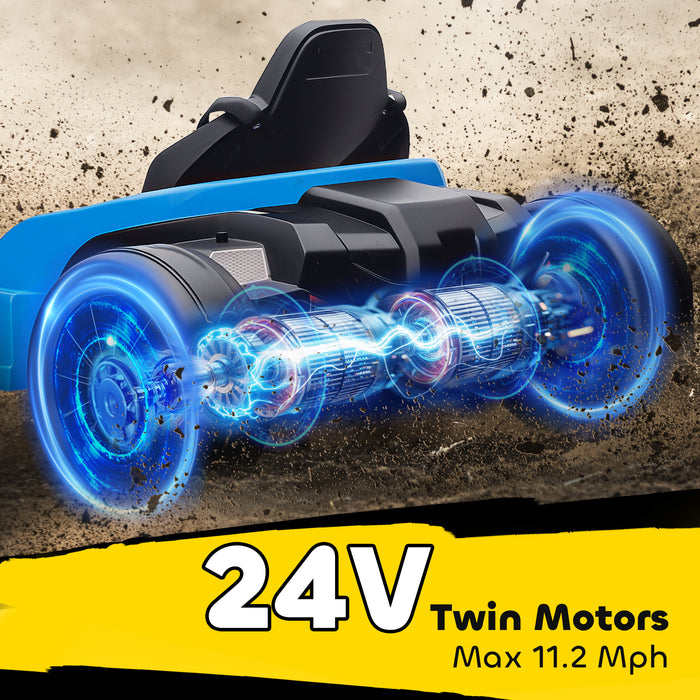 AIYAPLAY 24V Electric Go Kart, Drift Kart with Adjustable Seat, Slow Start, 5-Point Harness, Music, Horn, for 6-12 Years, Blue
