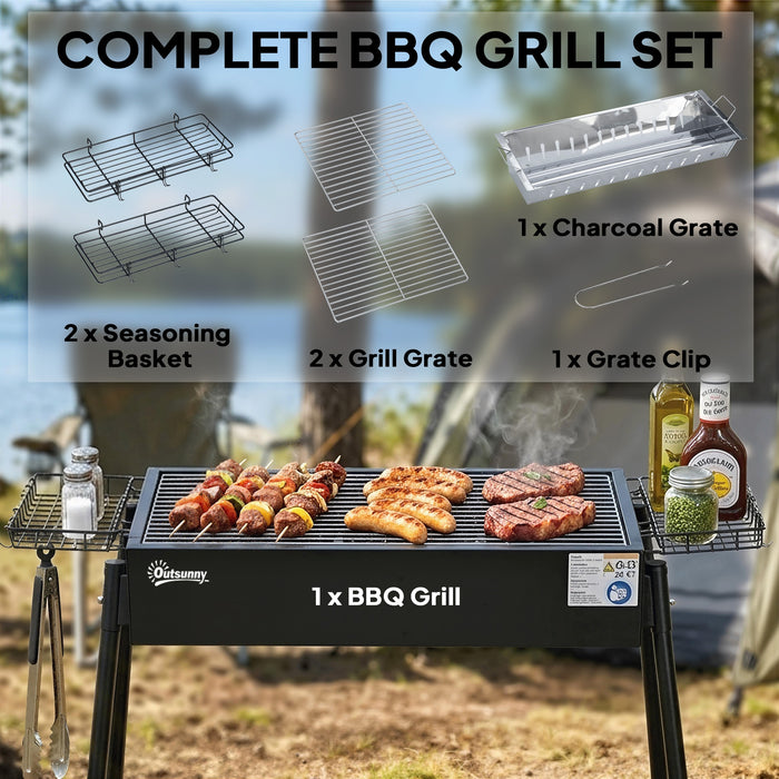 Outsunny Portable Charcoal BBQ Grill with Seasoning Baskets for Camping Picnic Hiking