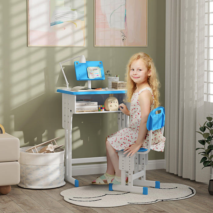 HOMCOM Kids Adjustable Desk and Chair Set, Book Stand, Pen Slot - Blue | Aosom UK