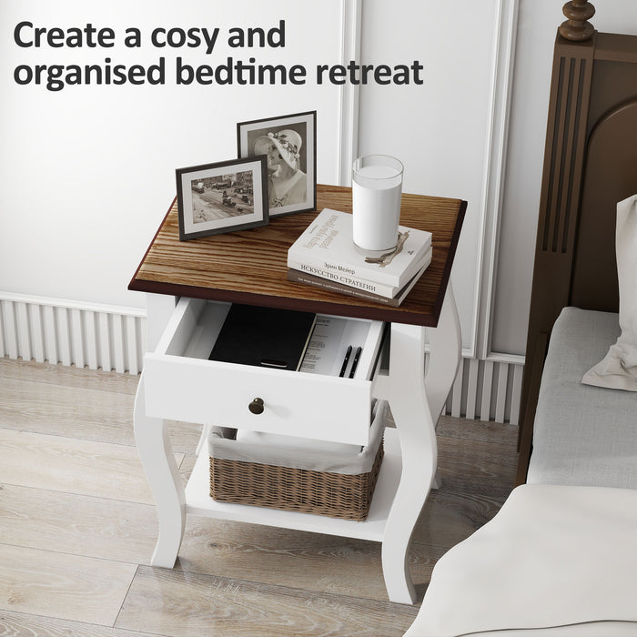HOMCOM 2pcs Bedside Tables with Drawer, French Style Bedside Cabinets with Open Shelf for Bedroom, Living Room, White