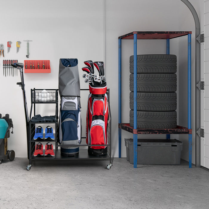 Golf Bag Storage Rack - Double Capacity, For Garage Use, Lockable Universal Wheels - Ideal for Golfers Looking to Safeguard and Organize their Gear