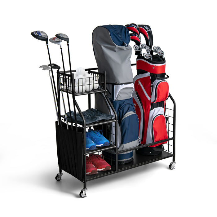 Golf Bag Storage Rack - Double Capacity, For Garage Use, Lockable Universal Wheels - Ideal for Golfers Looking to Safeguard and Organize their Gear