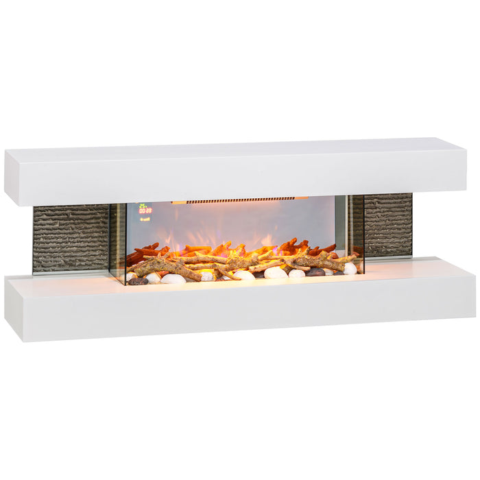 HOMCOM 47inch / 120cm Electric Fireplace Wall Mounted, Freestanding, Glass Electric Fire Suite with Mantel, Adjustable LED Flame Effect, Log, Pebble, Remote Control, 2000W, White | Aosom UK