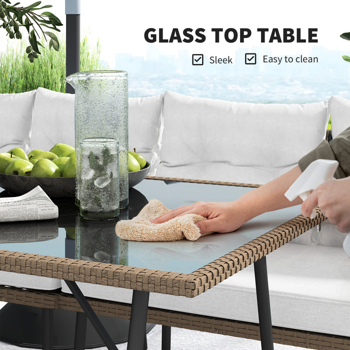 Outsunny 6 Piece Rattan Garden Furniture Set, 8 Seater Garden Corner Sofa with Cushions and Glass Top Table, Sectional Outdoor Furniture Conservatory Set for Patio, Cream White