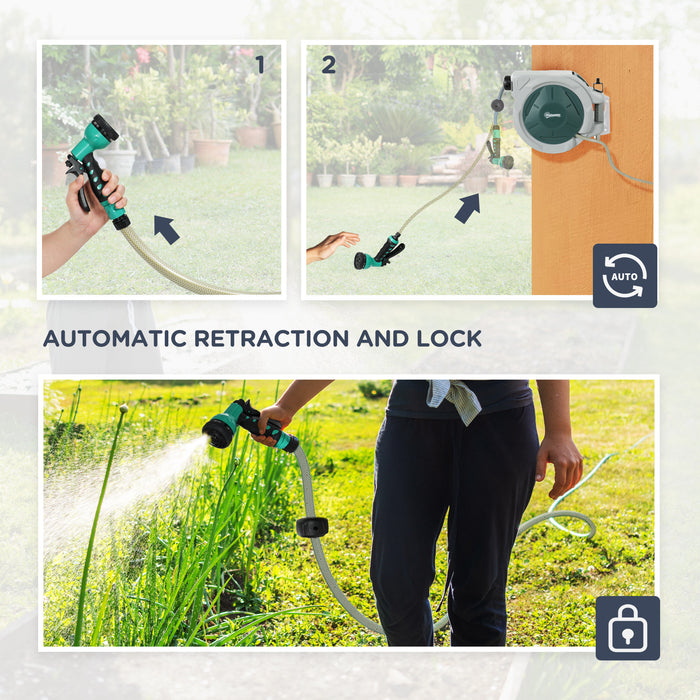 Outsunny Retractable Hose Reel Wall Mounted, 30+2m Garden Hose Pipe Reel with Lock, Auto Rewind, 7 in 1 Spray Nozzle, Includes Wall Fixings, 180° Swivel, Outdoor Watering, Grey
