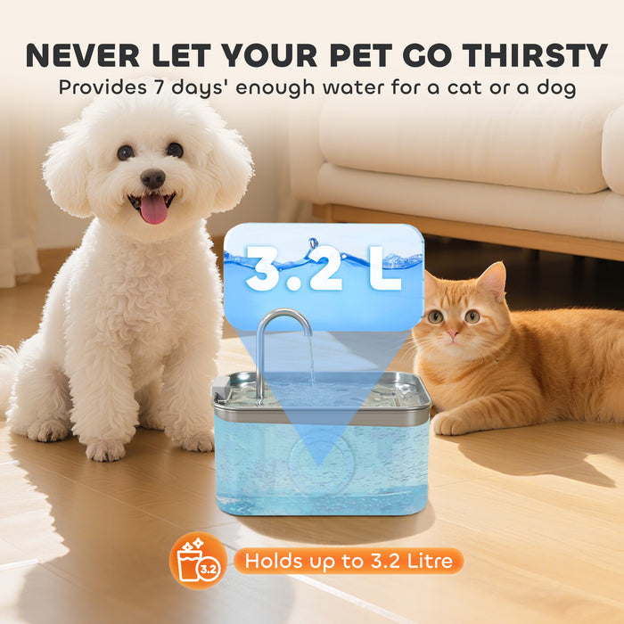 PawHut 3.2L Cat Water Fountain for Drinking, Cat Fountain Stainless Steel with Visible Water-Level Window, Ultra-Silent Pump