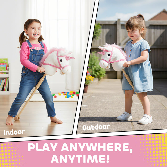 AIYAPLAY Unicorn Stick Horse with Wood Wheels, Real Pony Neighing and Galloping Sounds, Grip Handle, 95 cm, White