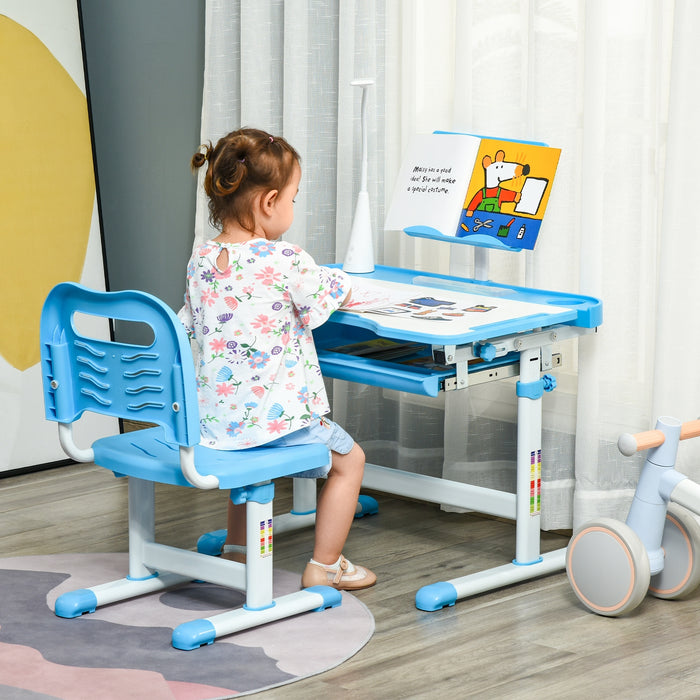 HOMCOM Kids Study Desk and Chair Set w/ Adjustable Height, Storage Drawer - Blue | Aosom UK