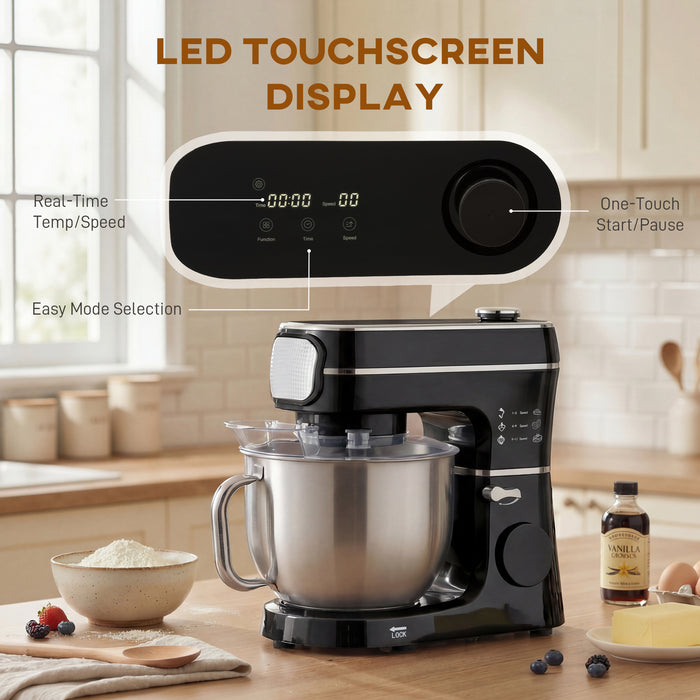 HOMCOM Stand Mixer, 6L 1400W Tilt-Head Food Mixer with 11 Speeds, Pulse & Fermentation Function, LED Display, Black