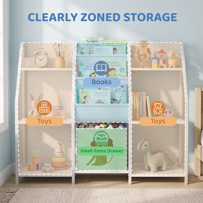 AIYAPLAY Kids Bookshelf and Toy Storage with 3-Tier Sling Book Rack and Fabric Drawer for Nursery, Bedroom, Playroom, White