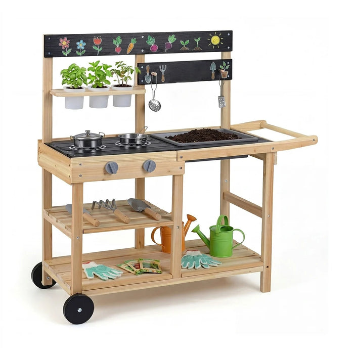 Wooden Mud Kitchen with Sink Chalkboard and Wheels and Storage for Ages 3+-