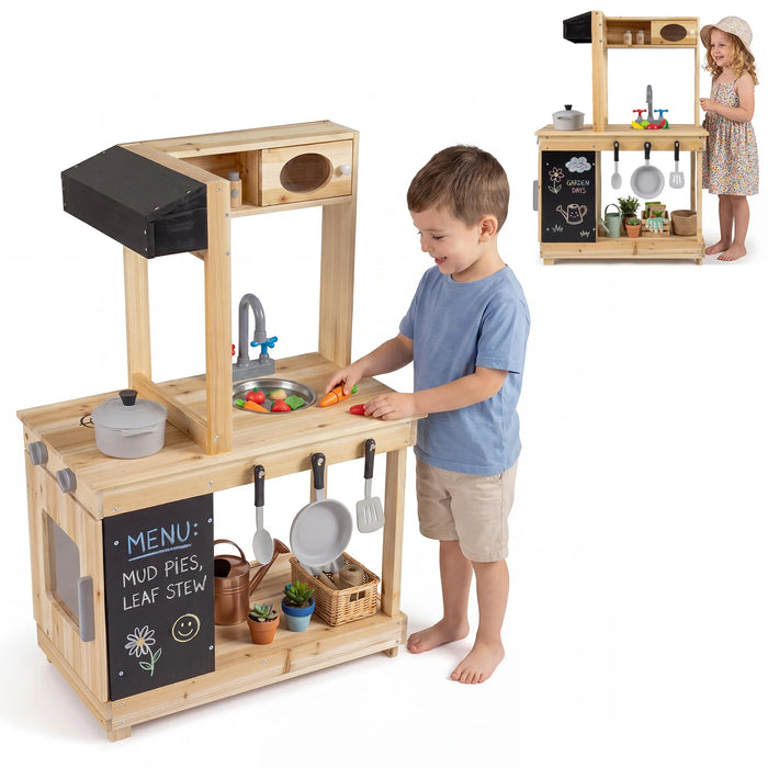 Outdoor Mud Kitchen with Stoves and Sink and Chalkboard for 3+ Kids-