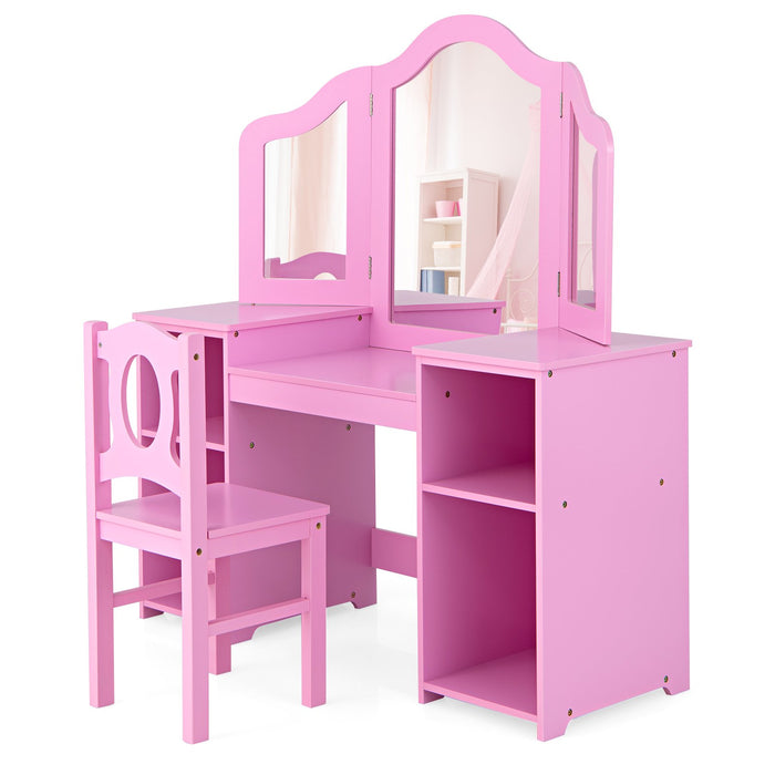 Kids Makeup Desk and Chair Set with Tri-Folding Detachable Mirror-