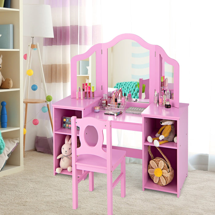 Kids Makeup Desk and Chair Set with Tri-Folding Detachable Mirror-