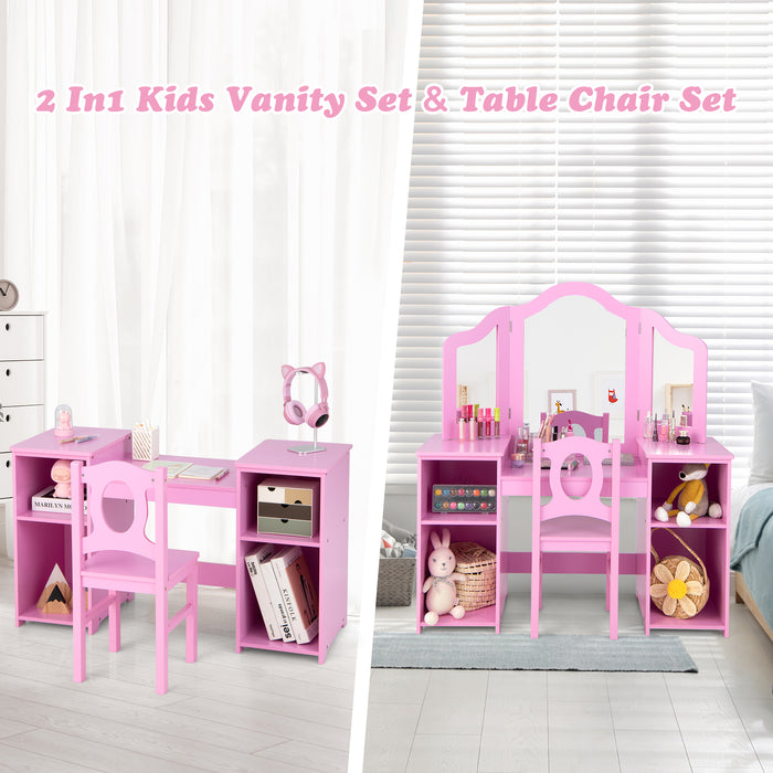 Kids Makeup Desk and Chair Set with Tri-Folding Detachable Mirror-