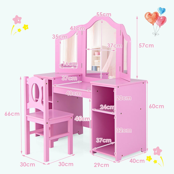 Kids Makeup Desk and Chair Set with Tri-Folding Detachable Mirror-