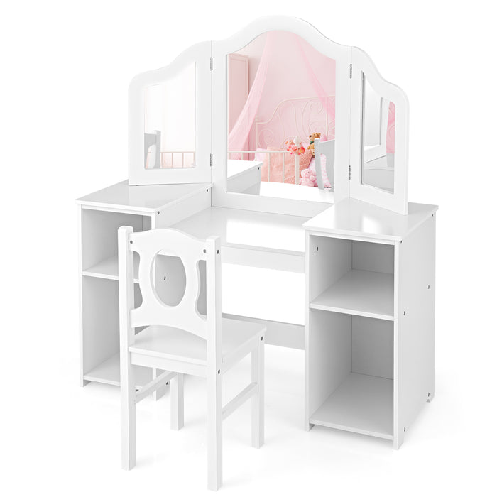 Kids Makeup Desk and Chair Set with Tri-Folding Detachable Mirror-