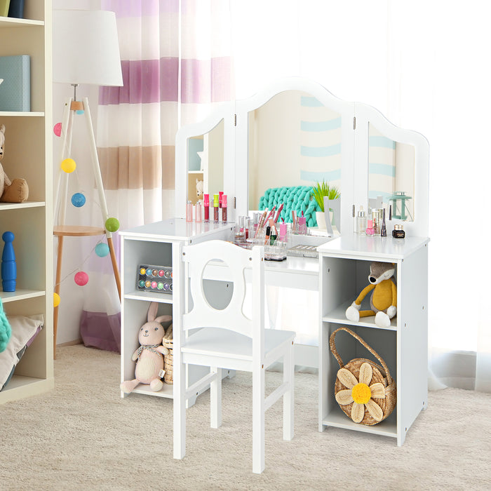 Kids Makeup Desk and Chair Set with Tri-Folding Detachable Mirror-