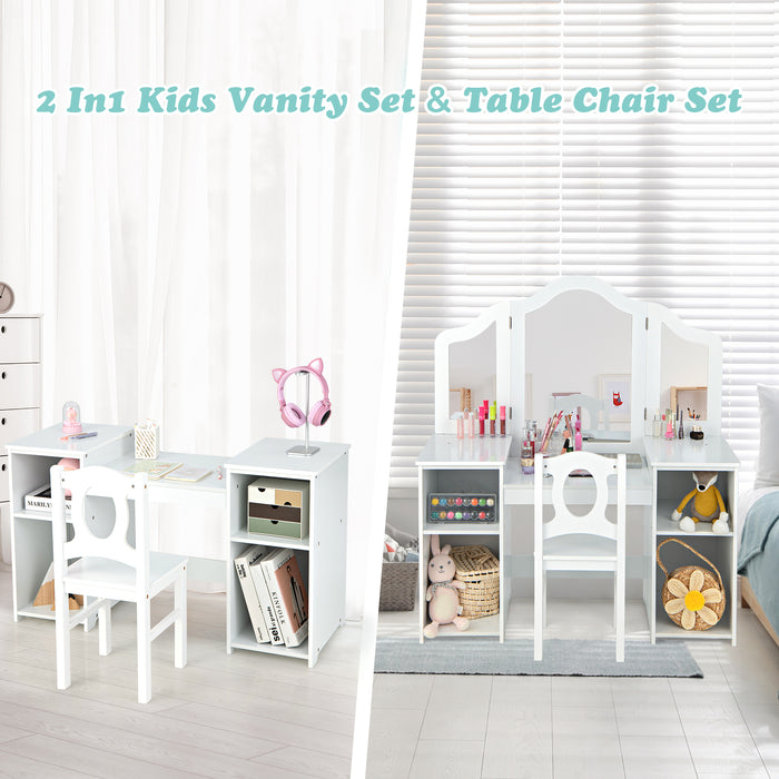 Kids Makeup Desk and Chair Set with Tri-Folding Detachable Mirror-