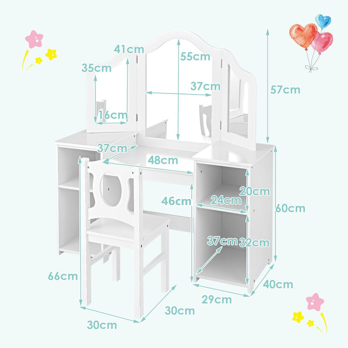 Kids Makeup Desk and Chair Set with Tri-Folding Detachable Mirror-