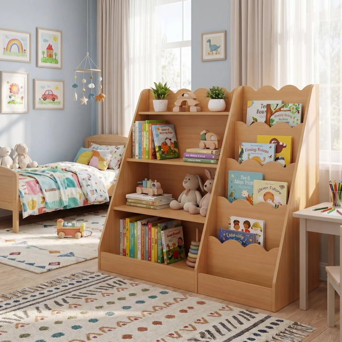 Montessori Kids Bookshelf with 5-Tier Scalloped Shelves for Nursery and Kids Room-Natural