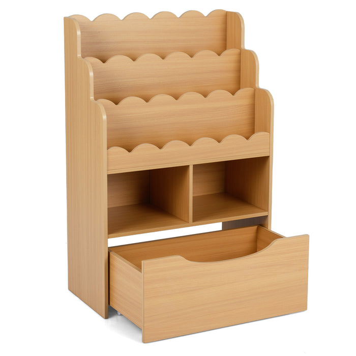 5-Tier Kids Bookshelf with Shelves & Rolling Drawer for Nursery Playroom-Natural