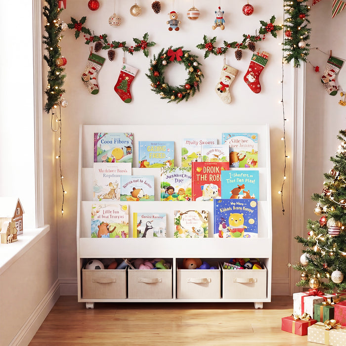 Double-Sided Kids Bookshelf Toddler Book Shelf on Wheels with Chalkboard-