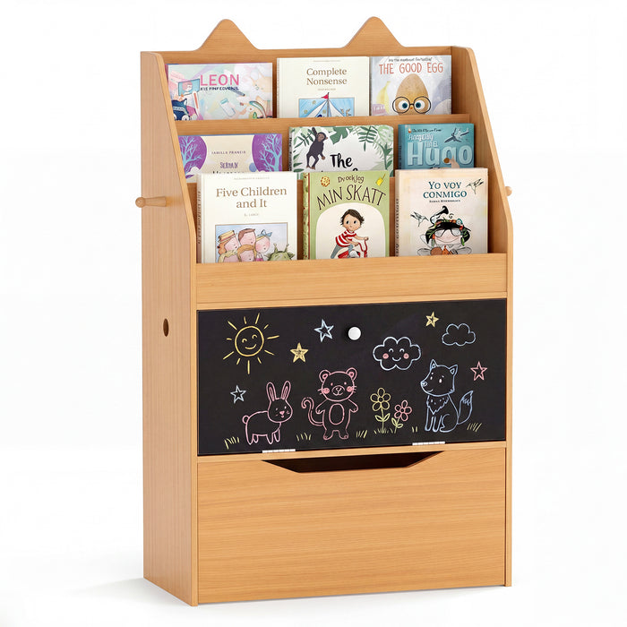 Wooden Kids Bookshelf with Movable Drawer & Chalkboard for Playroom Nursery-