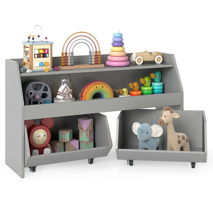 Wooden Kids Toy Storage Box with 2 Movable Drawers and Anti-toppling Kit-