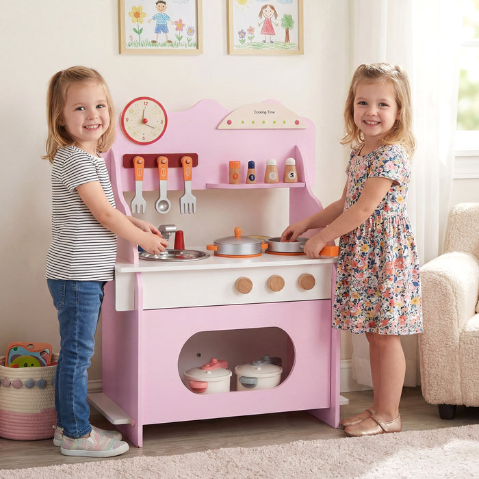 Pretend Play Toy Kitchen Set with Clock Stove Spice Rack for Aged 3+-