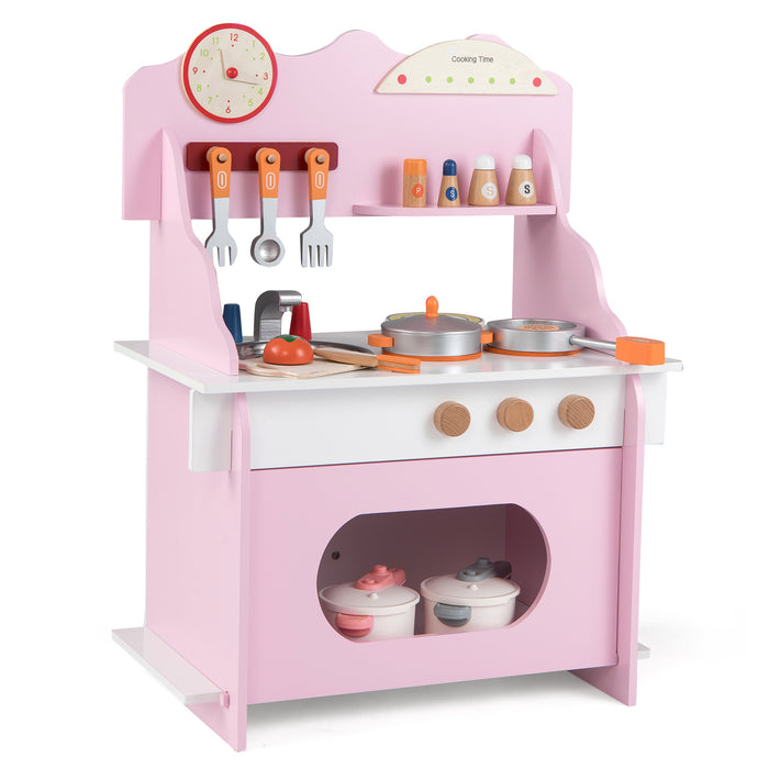 Pretend Play Toy Kitchen Set with Clock Stove Spice Rack for Aged 3+-
