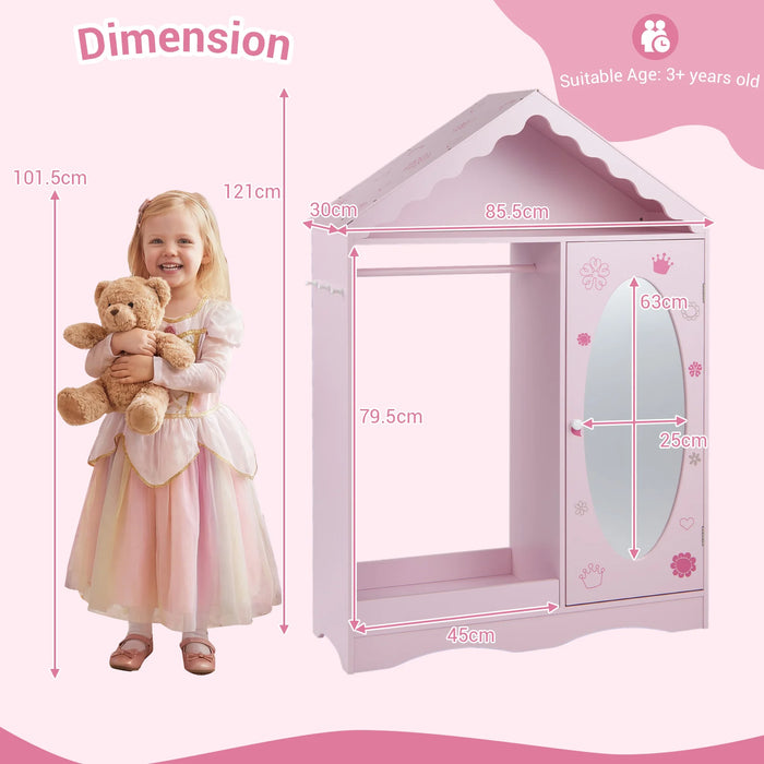 Kids Dress Up Storage with Mirror Roofed Wardrobe Closet with Open Hanging Rack-